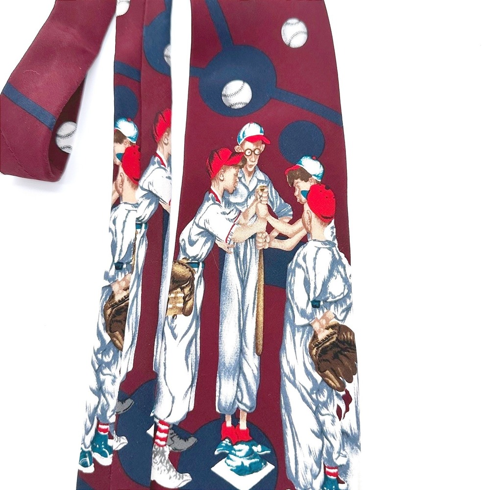 Norman Rockwell Baseball Silk Tie‎ Burgundy Vintage 1996 Brown Bigelow Canada